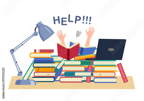 Hard exam preparation with textbooks pile. Scared male student in panic prepare school test. Exams stress hurry studying. Deadline knowledge education vector cartoon illustration