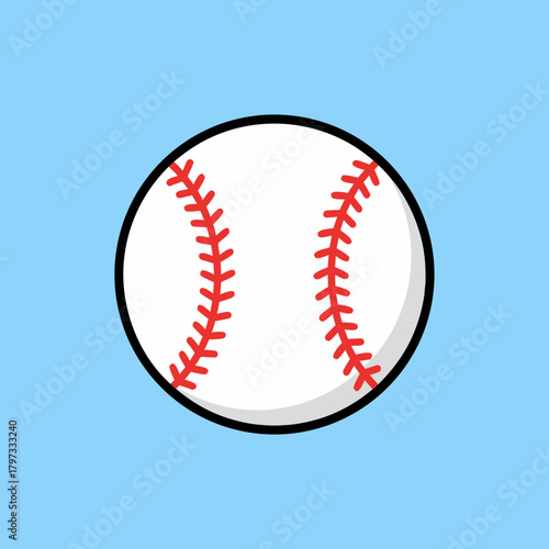 A simple, cartoon-style baseball with red stitching on a light blue background, perfect for sports graphics and icons.