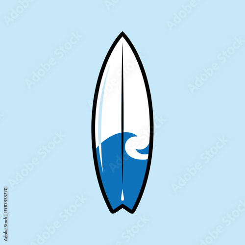 A simple cartoon illustration of a white surfboard with a blue wave design on a light blue background, ready for surfing.