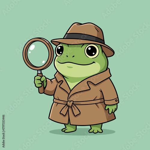 Cute cartoon frog dressed as a detective wearing a trench coat and fedora, holding a magnifying glass on a light green background.
