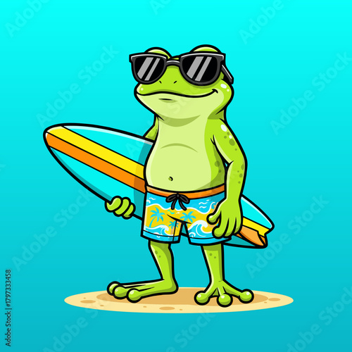A cool cartoon frog wearing sunglasses and swim shorts, holding a surfboard on a sandy beach, ready for summer fun.