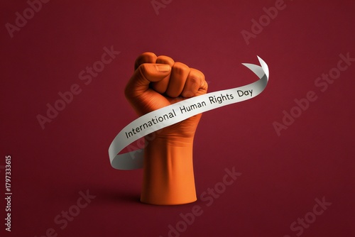 Orange fist with a ribbon symbolizing International Human Rights Day a concept for justice and equality