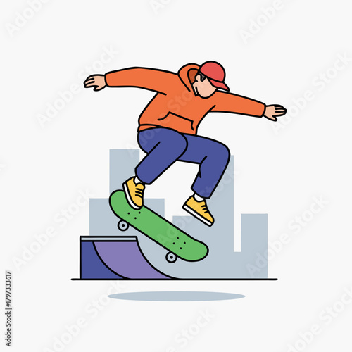A person skateboarding in mid-air over a ramp with city buildings in the background, flat illustration style.