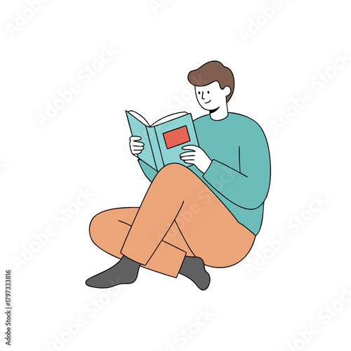 A simple illustration of a young man sitting on the floor, cross-legged, and engrossed in reading a book.
