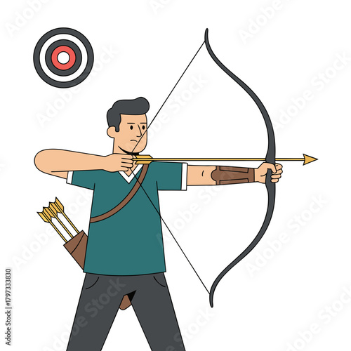 A man practicing archery, aiming a bow and arrow at a target, with a quiver on his back.