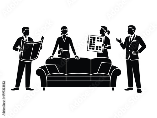 Interior designers discussing plans near sofa decorators planning