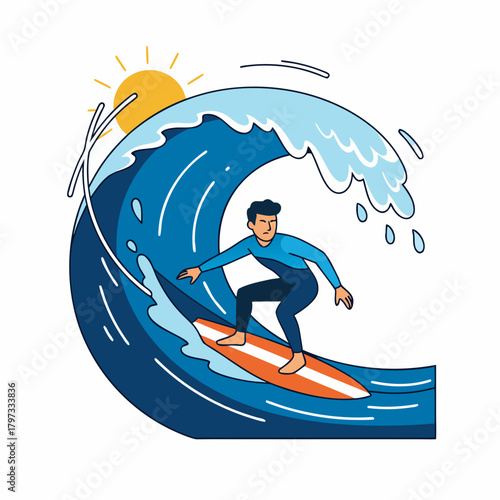 An illustration of a man surfing on a large blue ocean wave under a bright yellow sun.