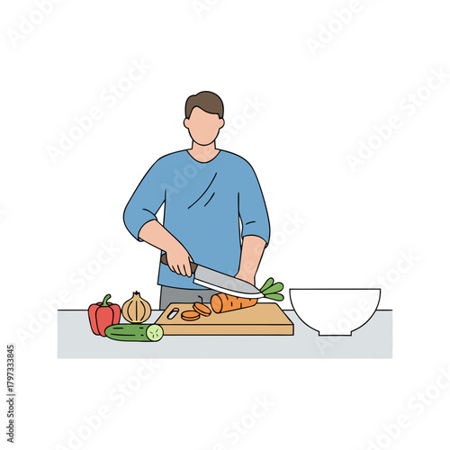 A man in a blue shirt is chopping carrots on a wooden cutting board with a knife, preparing vegetables like cucumber, bell pepper, and garlic for a meal.