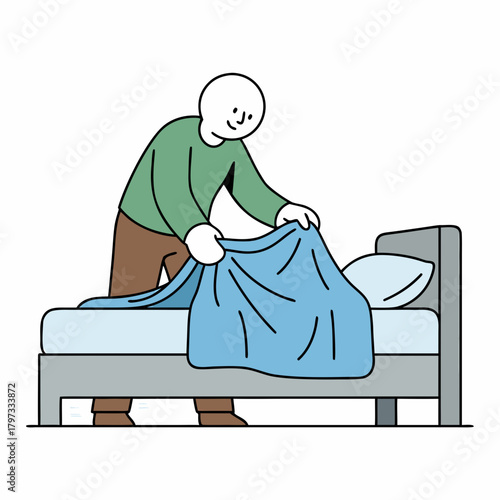 A person making a bed, neatly arranging a blue blanket over the mattress and pillow in a simple illustration.