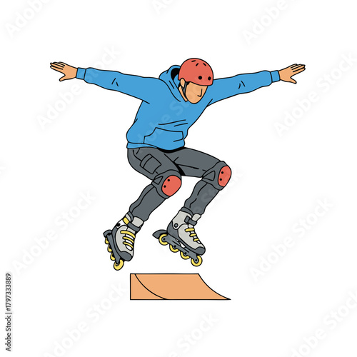 An inline skater in a blue hoodie and protective gear jumps off a ramp, arms outstretched for balance.