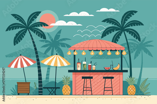 Vibrant beach bar serving refreshing tropical fruit drinks, flat vector illustration, bright colors, sunny day, vacation vibe, cocktails, ocean, palm trees, relaxed atmosphere.