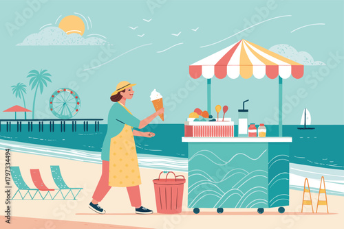 Coastal boardwalk, sun-drenched, cheerful beach vendor with vibrant ice cream cart, selling frosty treats, Florida sunshine, happy customers, ocean view, summer day, leisure, vacation.