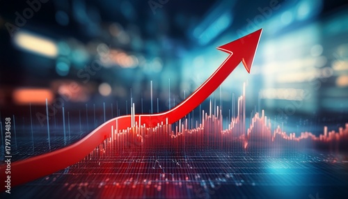 red arrow pointing upwards on a blurred stock market graph indicating financial growth and success