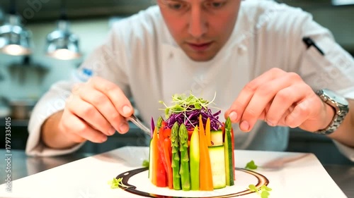 Professional Chef Meticulously Plating a Gourmet Vegetable Dish in a Restaurant Kitchen.