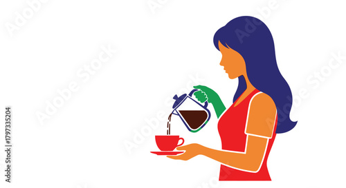 Woman enjoying a cup of coffee minimalist illustration in vibrant colors