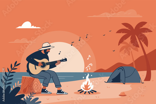 Sunset beach guitarist captivating crowd near crackling bonfire, golden light, serene atmosphere, acoustic melodies, tropical paradise, bohemian vibe.