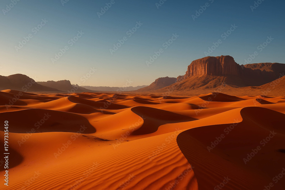 Naklejka premium Majestic desert landscape with orange sand dunes and rock formations under golden sunset sky in arid region