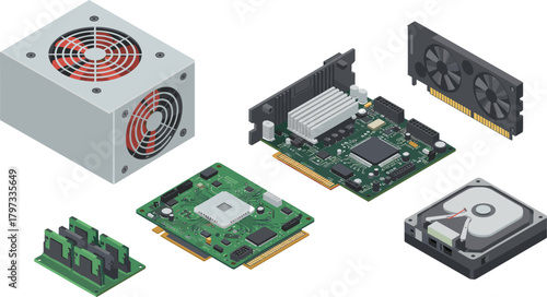 motherboard, GPU, RAM, HDD, PSU, cooler, circuit, board, hardware, computer, system, desktop, technology, illustration, components