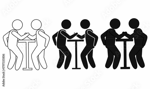 arm wrestling or armwrestling icon set in outline and silhouette,battling at a table.for sport, competition, strength, teamwork, challenge, and event graphics. vector illustration white background.