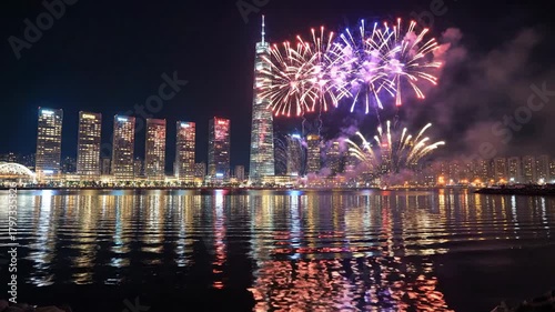 Spectacular Fireworks Display over Songdo International City at Night.