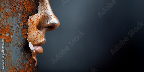 Woman's face closeup of nose and lips with rusty skin, visible behind rusty metal wall, copy space on dark background.