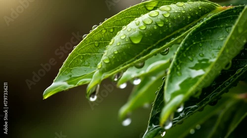 Refreshing Raindrops on Lush Green Leaves - A Close-Up View.