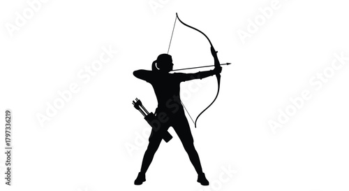Silhouette of an archer drawing a bow with quiver at the ready