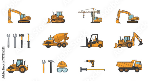 Collection of Construction Vehicles and Tools Illustrations.