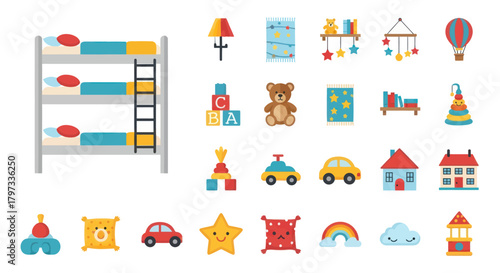 Colorful Childrens Room Toys and Furniture Collection.