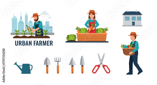 Urban farming illustration featuring farmers tools and produce.