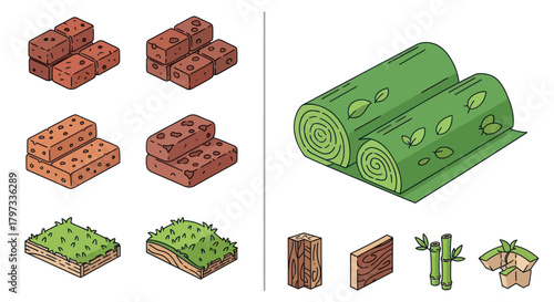Isometric set of hand-drawn construction materials including bricks turf wood and bamboo.