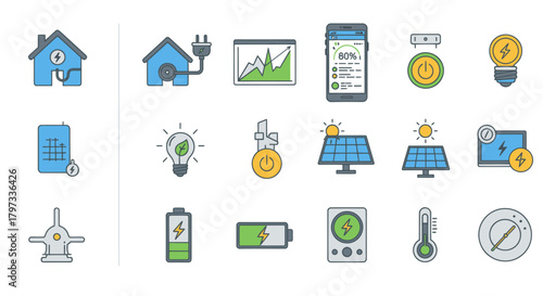 Smart Home Energy Icons: Renewable Energy Efficiency and Technology.