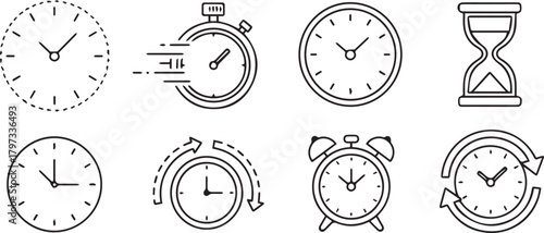 Timers and clock icon set. Time line symbol. Containing clock, stopwatch, hourglass vector element illustration eps