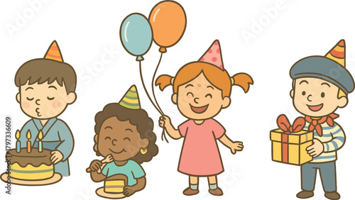 Cartoon boy child and family celebrating a happy birthday party with kids, gifts, and fun