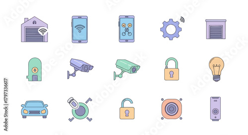 Colorful line icon set for smart home technology automation and security systems.