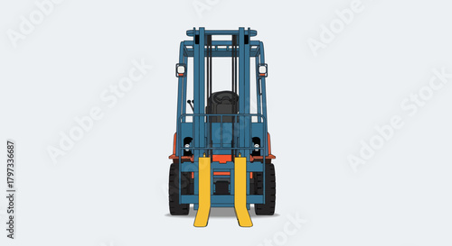 Front View of a Blue Industrial Forklift with Yellow Lifting Forks.