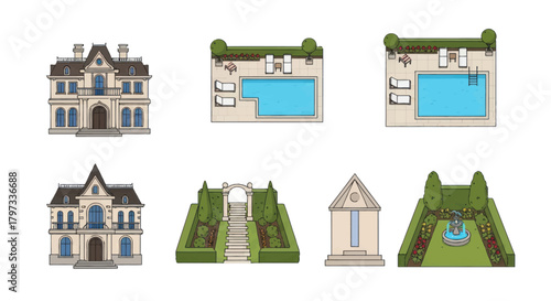 Illustrated Collection of Elegant Houses and Garden Elements.