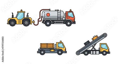 Collection of Industrial Trucks and Construction Vehicles.