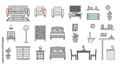 Collection of Line Art Furniture and Home Decor Icons.