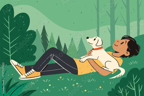 A young boy lies peacefully on lush green grass, his dog gently rests on his chest, warm sunlight.