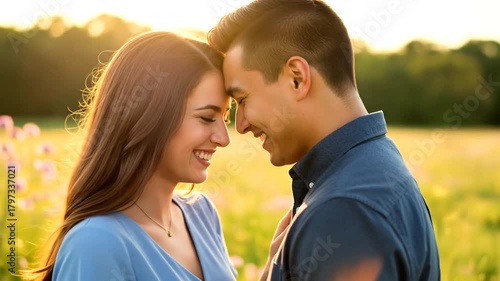 Romantic couple in love touching foreheads smiling in a field.
