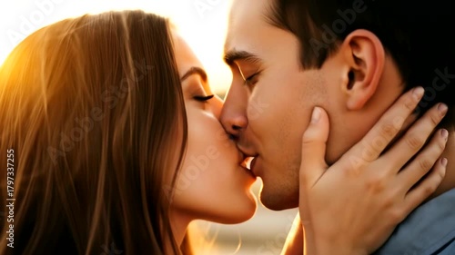 Romantic couple kissing passionately during a beautiful sunset moment.