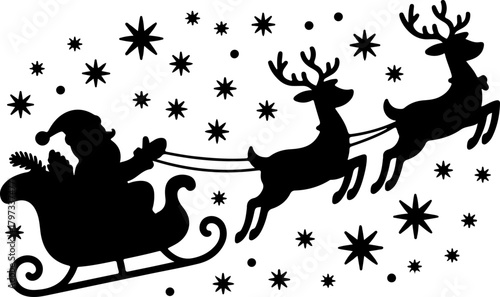 Santa Claus and reindeer sleigh silhouette vector illustration