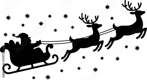 Santa Claus and reindeer sleigh silhouette vector illustration