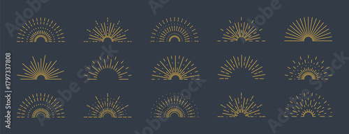 Collection of gold boho half sunrise line icons with various retro, geometric line designs