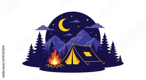 A peaceful nighttime camping scene with mountains a moon and a campfire