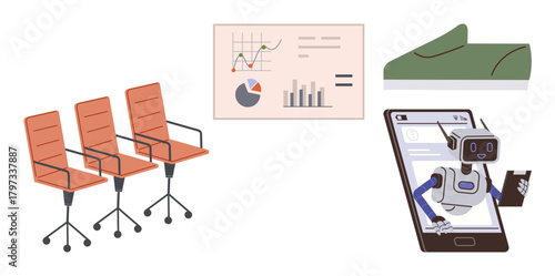 Robot stepping out of a smartphone, three office chairs, a data chart with graphs, and a sustainable product concept, suggesting innovation, remote work, sustainability, and digital transformation