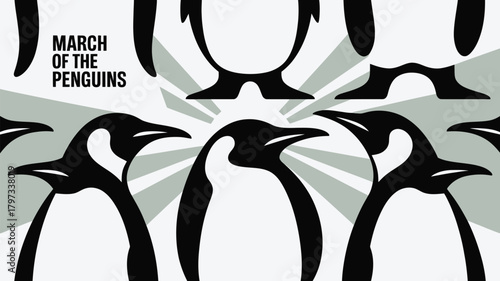 Penguin parade, modern illustration, black and white, animal pattern, playful design, kids, educational materials, perfect background, antarctic wildlife