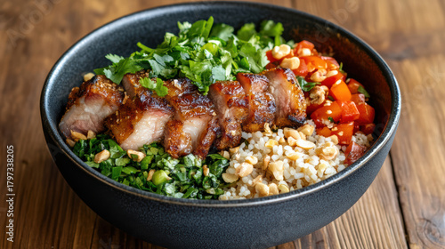 Crispy pork belly rice bowl with herbs, chopped greens, tomatoes and peanuts