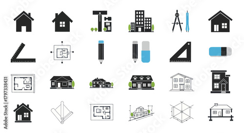 Vector icon set for architecture construction and engineering with houses blueprints and drafting tools.